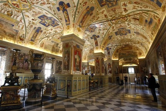 A view of the Sistine Hall, part of the Vatican Apostolic Library, Vatican City, Monday, Sept. 13, 2010. The Vatican's Apostolic Library is reopening to scholars following a three-year renovation to improve its cataloguing and security measures.The library, which houses one of the world's best collections of illuminated manuscripts, opens its doors Sept. 20. Details will be announced Monday at a press conference. The library was started by Pope Nicholas V in the 1450s with an initial 350 Latin manuscripts. By the time Nicholas died in 1455, the collection had swelled to about 1,500 codices and was the largest in Europe. (AP Photo/Pier Paolo Cito)